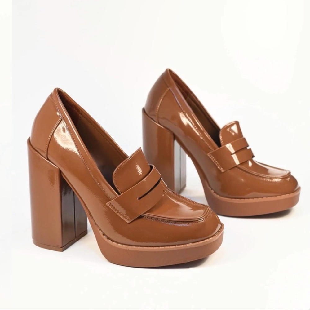 Tan Super Chunky Heel Penny Loafers